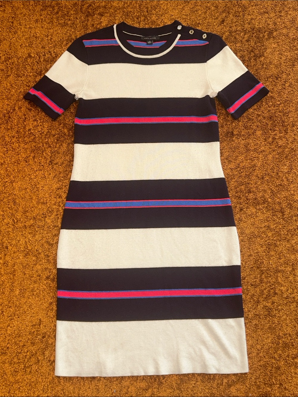 Tommy Hilfiger Navy, White & Pink Striped Ribbed Midi Dress